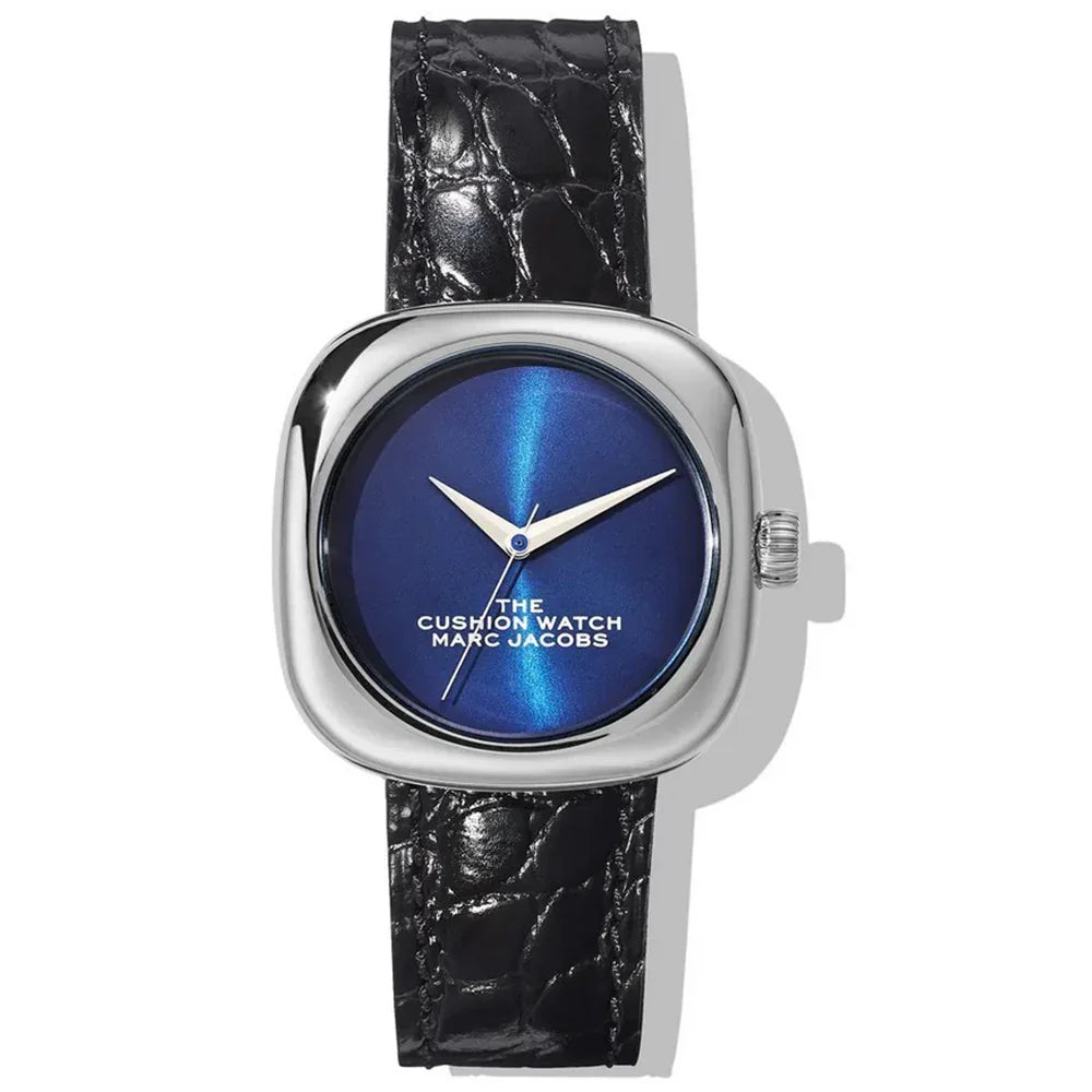 青い文字盤と黒レザーストラップのスクエア型腕時計、高級感漂うデザイン