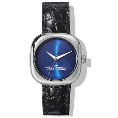 青い文字盤と黒レザーストラップのスクエア型腕時計、高級感漂うデザイン