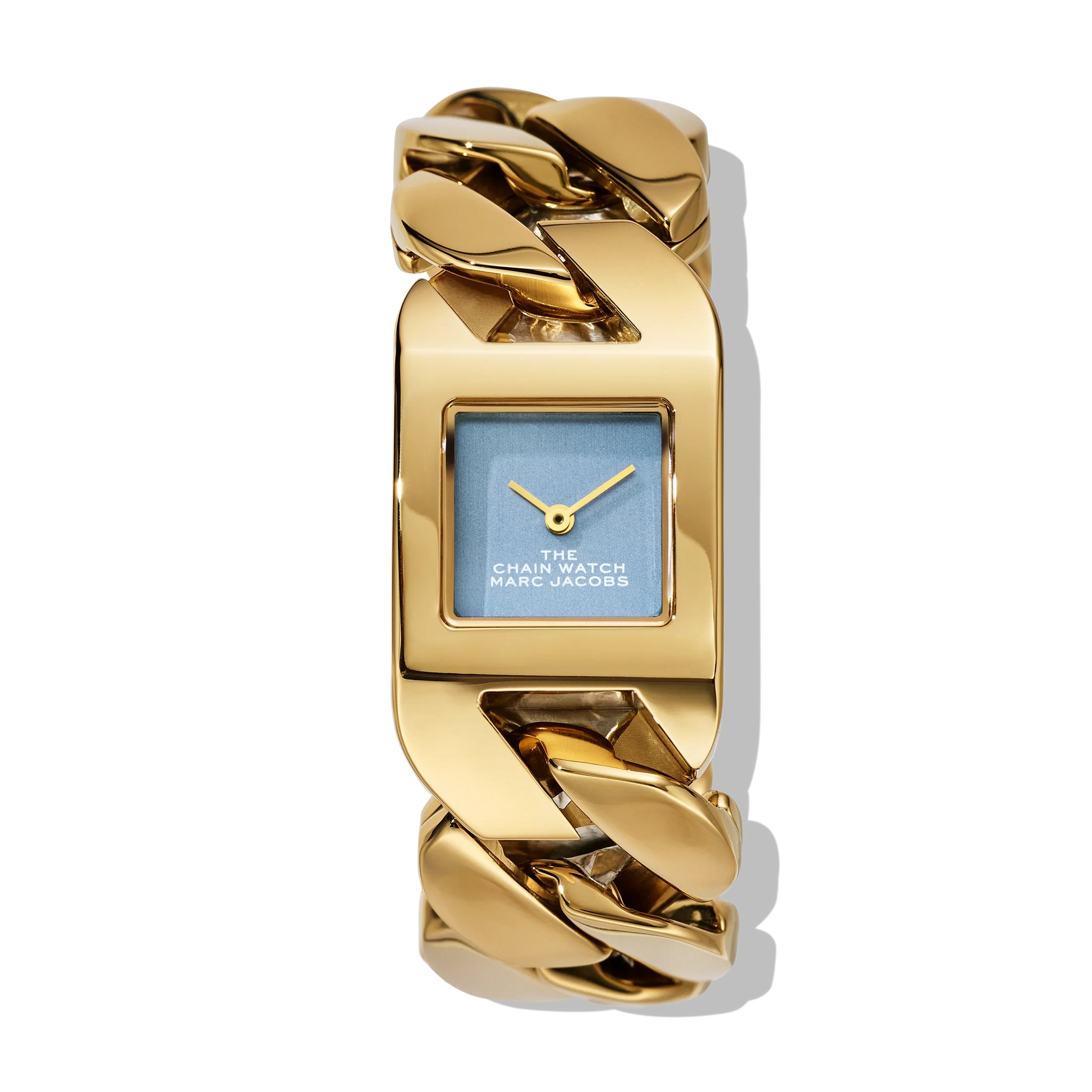 ゴールドカラーのチェーンブレスレット型腕時計、青い文字盤が特徴