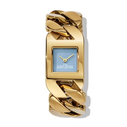 ゴールドカラーのチェーンブレスレット型腕時計、青い文字盤が特徴
