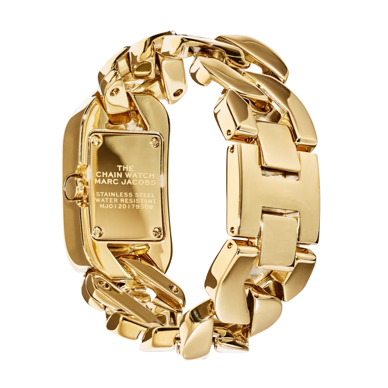 高級感あるゴールドチェーンのステンレス製腕時計、重厚なデザイン、裏面刻印入り