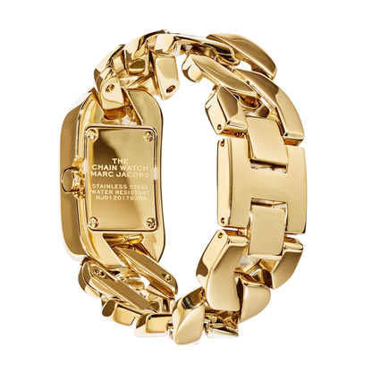 高級感あるゴールドチェーンのステンレス製腕時計、重厚なデザイン、裏面刻印入り