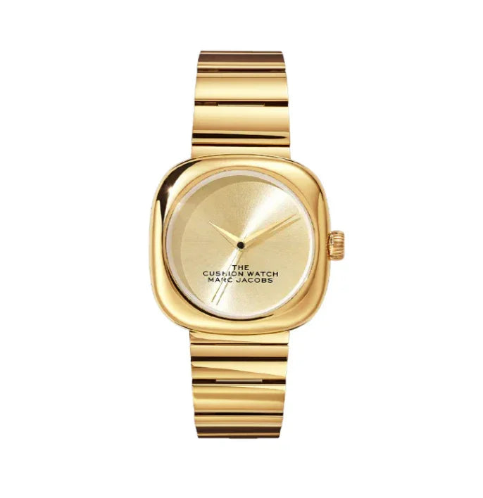 ゴールドカラーのスクエア型腕時計、シンプルな文字盤とメタルブレスレットデザイン