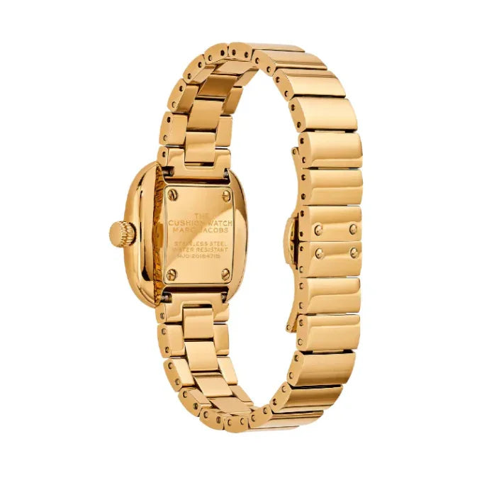 ゴールドカラーの金属ブレスレット腕時計の裏面、シンプルで高級感あるデザイン