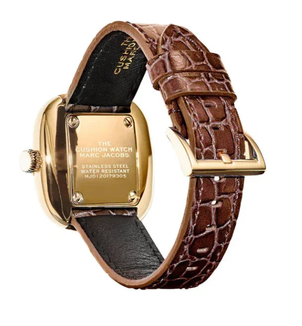 ゴールドケースとブラウンレザー型押しベルトの高級腕時計、裏蓋に刻印あり