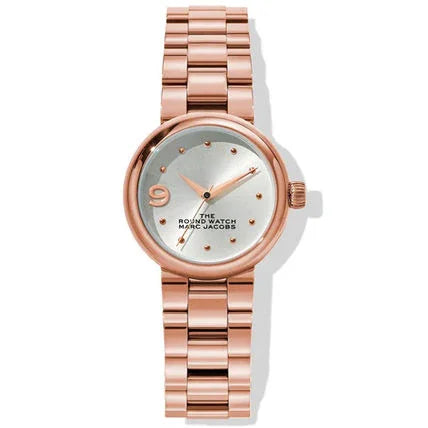 ローズゴールドのレディース腕時計、ラウンド型シルバー文字盤と金属ベルトが特徴