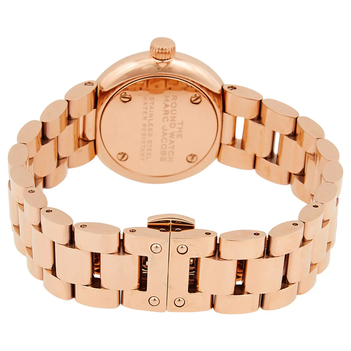 ローズゴールドカラーのステンレススチール腕時計、裏蓋とブレスレットのクローズアップ