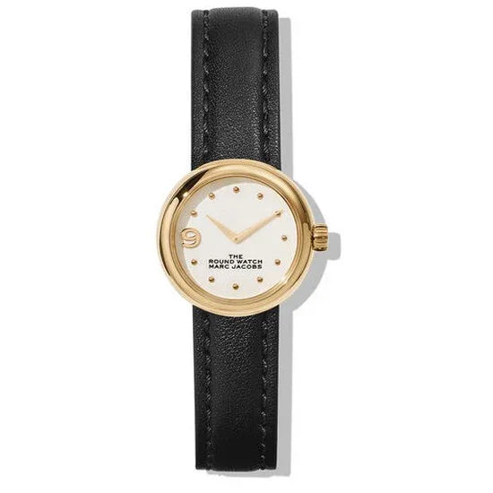 ゴールドケースと白文字盤、黒レザーベルトのレディース腕時計