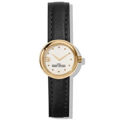 ゴールドケースと白文字盤、黒レザーベルトのレディース腕時計