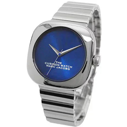 青い文字盤とシルバーメタルベルトのスクエア型腕時計、シンプルなデザイン