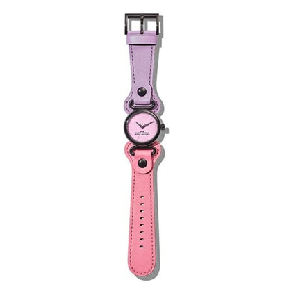 パープルとピンクのコンビカラーデザイン腕時計、個性的なバンドと丸型文字盤
