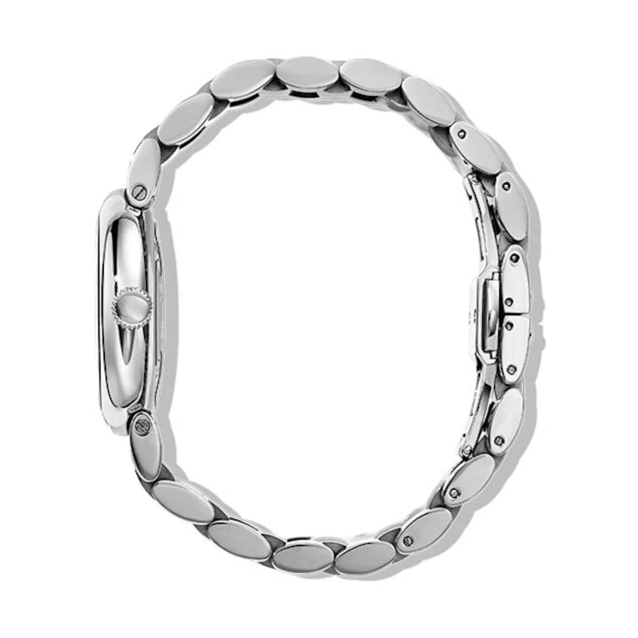 シルバーの金属ブレスレット時計を側面から撮影した画像。シンプルで上品なデザイン。