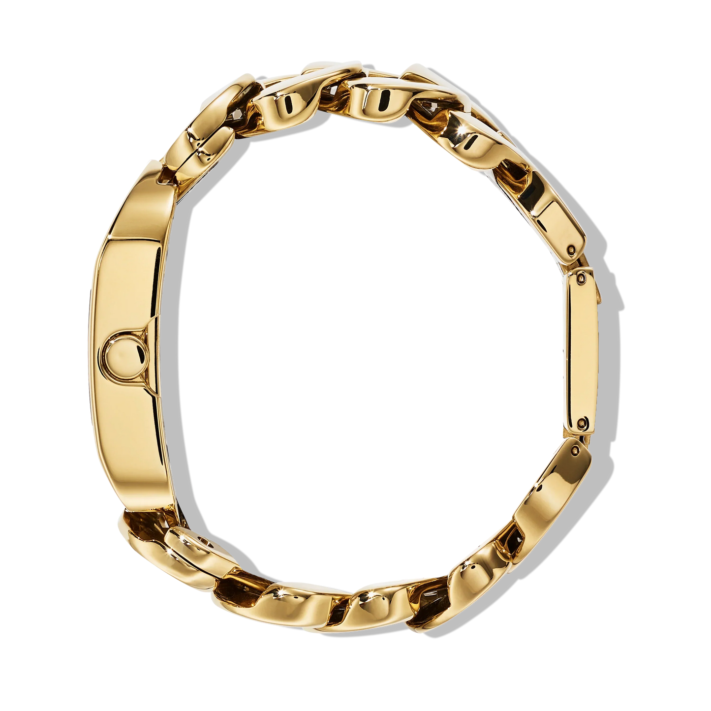 ゴールド色の金属チェーン腕時計ブレスレットが黒背景に映える画像