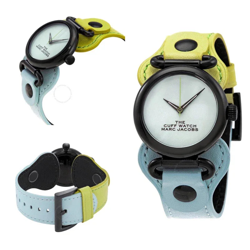 カラフルなレザーストラップと黒いフレームが特徴の個性的な腕時計