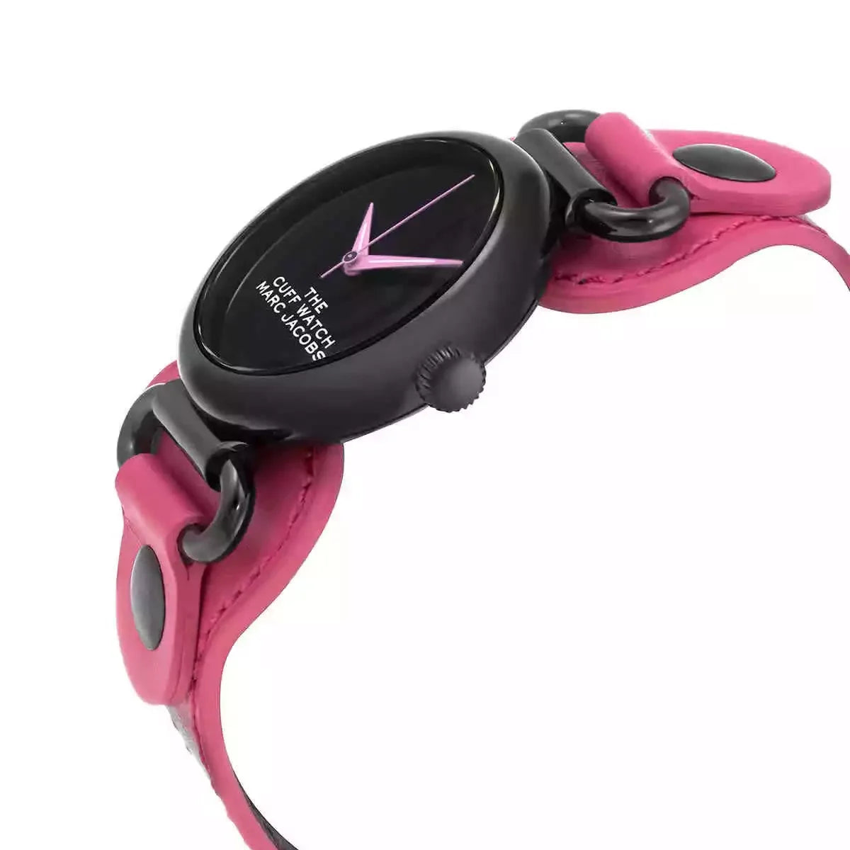 ブラック文字盤とピンクレザーベルトの腕時計、モダンデザイン、レディース時計